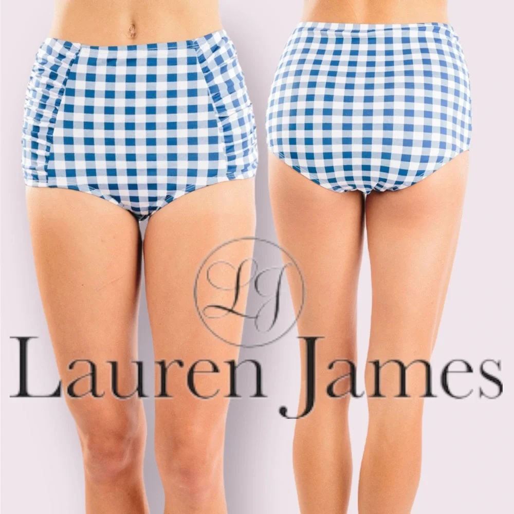 NWT $52 Lauren James High Waisted Shirred Gingham Swim Bottoms Size Small!